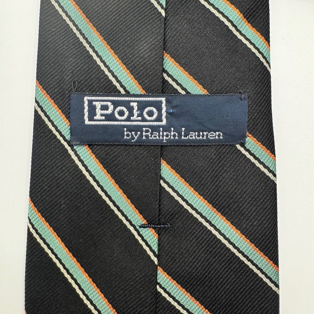 Polo Ralph Lauren Silk Tie Mens Navy Blue Orange Green Striped Regimental Luxury - Picture 5 of 8